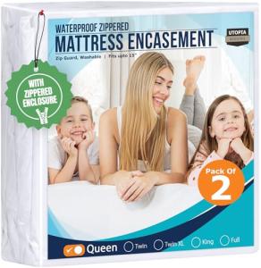 Utopia Bedding Waterproof Mattress Protector Queen Size (Pack of 2), Zippered Mattress Encasement Bed Bug and Dust Mite Proof, Absorbent Six-Sided Mattress Cover