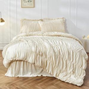 Queen Comforter Set - Ruched Comforter Queen Size Bed Set Boho Shabby Chic Bedding for Bedroom Comforter Fluffy 3 Piece Ruffle Comforter Set with Pillow White Bedding Soft