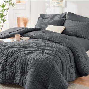 HYMOKEGE Full Size Comforter Sets Seersucker 7 Pieces, All Season Luxury Bed in a Bag for Bedroom, Bedding Set with Comforters, Sheets, Pillowcases & Shams, Dark Grey