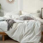MooMee Striped Duvet Cover Set 100% Washed Cotton Linen Like Textured Breathable Durable Soft Comfy (White Dark Grey Wide Stripes, Queen 90"x90")