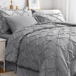 JOLLYVOGUE Grey Queen Comforter Set, 7 Pieces Pintuck Comforters Queen Size, Bed in a Bag Queen Comforter for Bedroom, Bedding Comforter Sets with Comforter, Sheets, Ruffled Shams & Pillowcases