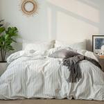 MooMee Striped Duvet Cover Set 100% Washed Cotton Linen Like Textured Breathable Durable Soft Comfy (White Dark Grey Wide Stripes, Queen 90"x90")