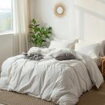 MooMee Striped Duvet Cover Set 100% Washed Cotton Linen Like Textured Breathable Durable Soft Comfy (White Dark Grey Wide Stripes, Queen 90"x90")