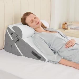 Sasttie Wedge Pillow Set for After Surgery, 3PCS Adjustable Bed Wedge Pillow Headboard with Memory Foam Neck Cushion – for Acid Reflux, Sleeping, Neck & Back Support, Dark Grey & White