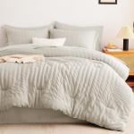 CozyLux Queen Comforter Set Beige Seersucker 7 Pieces Bed in a Bag Queen Comforter Set with Sheets, Luxury Soft Bedding Set with Down Alternative Comforter, Sheets, Pillowcases & Shams for All Seasons