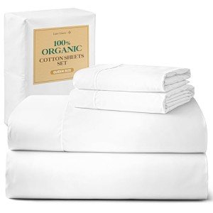 LANE LINEN 100% Organic Cotton Queen Sheet Set, 4Pc Cotton Sheets Queen Size Bed Set, Soft & Breathable Percale Weave, Deep Pocket Queen Sheets, Hotel-Quality Bed Sheets Queen Size - White Bed Sheets
