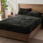 BEDELITE Velvet Fitted Sheet and Pillowcases Set, Luxury Soft Fuzzy Bottom Sheet with Reinforced Elastic Corner Straps, Deep Pocket up to 15 Inch, 1 Fitted Sheet and 2 Pillowcases (Queen, Black)