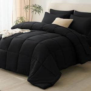 CozyLux Black Queen Comforter Set with Sheets - 7 Pieces Bed in a Bag Queen Bedding Sets, All Season Soft 7PC Bed Set with Black Comforter, Flat Sheet, Fitted Sheet, Pillowcases & Pillow Shams