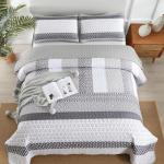WONGS BEDDING Grey Quilt King Size, Bohemian Stripe Quilt Sets 3 Pieces Boho Quilted Bedspread Set Lightweight Microfiber Coverlet Bedding Set All Season (104"x90")