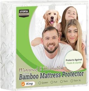 Utopia Bedding Waterproof Cooling Mattress Protector King Size Bed, Premium 200 GSM Viscose Made from Bamboo Mattress Cover, Fits 17 Inches Deep, Fitted Style with Stretchable Pockets