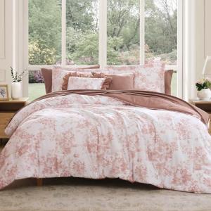 BLOOMHAVEN Queen Comforter Set -7 Pieces Pink Floral Comforter Set for All Seasons, Bed in a Bag Queen with Botanical Flowers Comforter, Sheets, Pillowcases & Shams