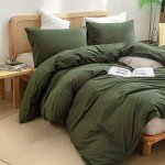 BESTOUCH Duvet Cover Set 100% Washed Cotton Linen Feel Super Soft Comfortable Chic Lightweight 3 PCs Home Bedding Set Olive Green Queen