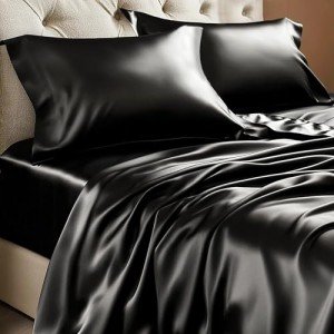 BEDELITE Satin Sheets Queen Size Bed Set, Luxury Soft Black Silky Sheets for Hair and Skin, Similar to Silk Bed Sheets Set 4 Pieces with 1 Deep Pocket Fitted Sheet, 1 Flat Sheet, and 2 Pillowcases