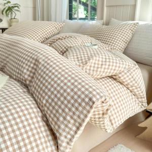 LifeTB Queen Comforter Set Tan Gingham Comforter Modern Style Beige Plaid Comforter Set 3 Pieces Fluffy Grid Checkered Comforter with 2 Pillowcases Boho Gingham Bedding Set Queen Size