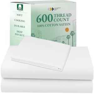 California Design Den Deep Pocket Twin Sheets Set - Luxury 600 Thread Count 100% Cotton Sateen, Twin Sheet Set with All Around Elastic for a Snug Fit, Hotel Quality Bedding - White