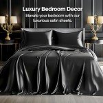 BEDELITE Satin Sheets Queen Size Bed Set, Luxury Soft Black Silky Sheets for Hair and Skin, Similar to Silk Bed Sheets Set 4 Pieces with 1 Deep Pocket Fitted Sheet, 1 Flat Sheet, and 2 Pillowcases