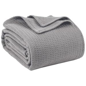 100% Cotton Blankets Queen Size for Bed - Waffle Weave Blankets for Summer, Lightweight and Breathable Soft Woven Blanket for Spring, (Light Grey, Queen (90" x 90"))
