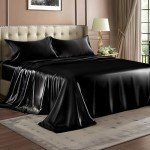 BEDELITE Satin Sheets Queen Size Bed Set, Luxury Soft Black Silky Sheets for Hair and Skin, Similar to Silk Bed Sheets Set 4 Pieces with 1 Deep Pocket Fitted Sheet, 1 Flat Sheet, and 2 Pillowcases