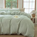 BESTDESIL Sage Green and White Striped Duvet Cover,100% Washed Cotton Breathable and Linen Like Bedding Set(Strip-Sage Green/White,Queen)