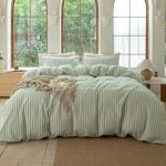 BESTDESIL Sage Green and White Striped Duvet Cover,100% Washed Cotton Breathable and Linen Like Bedding Set(Strip-Sage Green/White,Queen)