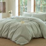BESTDESIL Sage Green and White Striped Duvet Cover,100% Washed Cotton Breathable and Linen Like Bedding Set(Strip-Sage Green/White,Queen)