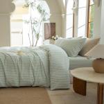 BESTDESIL Sage Green and White Striped Duvet Cover,100% Washed Cotton Breathable and Linen Like Bedding Set(Strip-Sage Green/White,Queen)