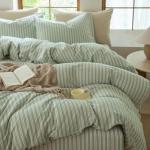 BESTDESIL Sage Green and White Striped Duvet Cover,100% Washed Cotton Breathable and Linen Like Bedding Set(Strip-Sage Green/White,Queen)
