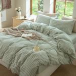 BESTDESIL Sage Green and White Striped Duvet Cover,100% Washed Cotton Breathable and Linen Like Bedding Set(Strip-Sage Green/White,Queen)