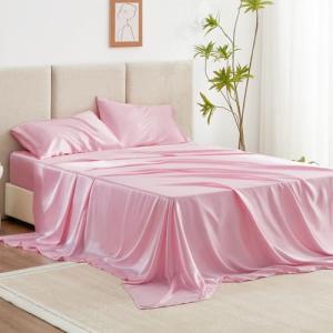 Love's cabin Full Size Satin Sheet Sets - 4 Piece Pink Silky Sheet Set Full with Deep Pocket, Luxury Silk Feel Bed Sheets Full Bedding Set (1 Flat Sheet,1 Fitted Sheet,2 Pillow Cases)