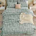 MUXHOMO Duvet Cover Queen Size, Reversible Floral Green Duvet Cover Set with Zipper Closure, 3 Pieces Botanical Patterns Soft Microfiber Bedding Set with 4 Ties (90"x90", 2 Pillow Cases)
