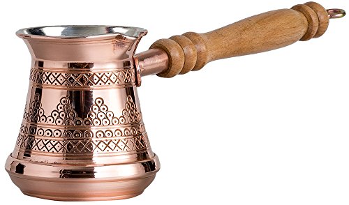 Thickest Premier Engraved Solid Copper Turkish Greek Arabic Coffee Pot Stovetop Coffee Maker Cezve Ibrik Briki with Wooden Handle, Thick 1,5 mm (Medium - 8 Oz)