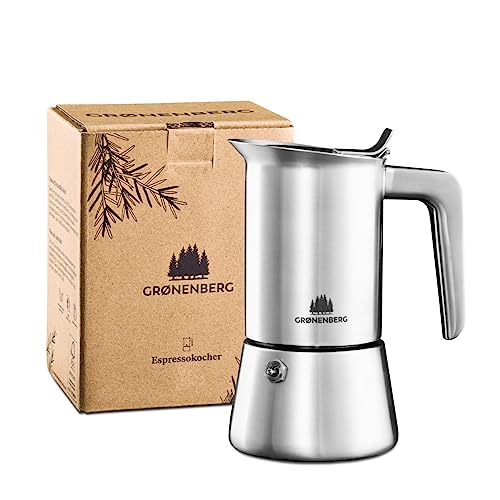 Groenenberg Espresso Maker | Moka Pot Induction | 4-6 Cup stovetop Coffee Maker (200-300 ml) | Stainless Steel Italian Coffee Maker incl. Extra sealings & Manual (4 Cup, 200 ml)