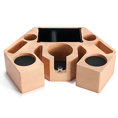 EROOLU Coffee Filter Tamper Holder, Wood Non Slip Coffee Tamp Mat, with Coffee Knock Box, Adjustable Nut, Porous Design, For 51/53mm, 58mm Portafilter Stand, Storage Coffee Supplies