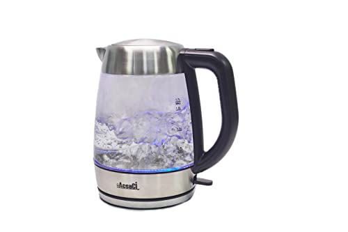 AddAcsaCI PREMIUM Glass Kettle, 1.7L, 3000W FAST Boiling, Illuminating Blue LED ring, with British Technology STRIX Thermostat, BS Plug (1.7 Litres)