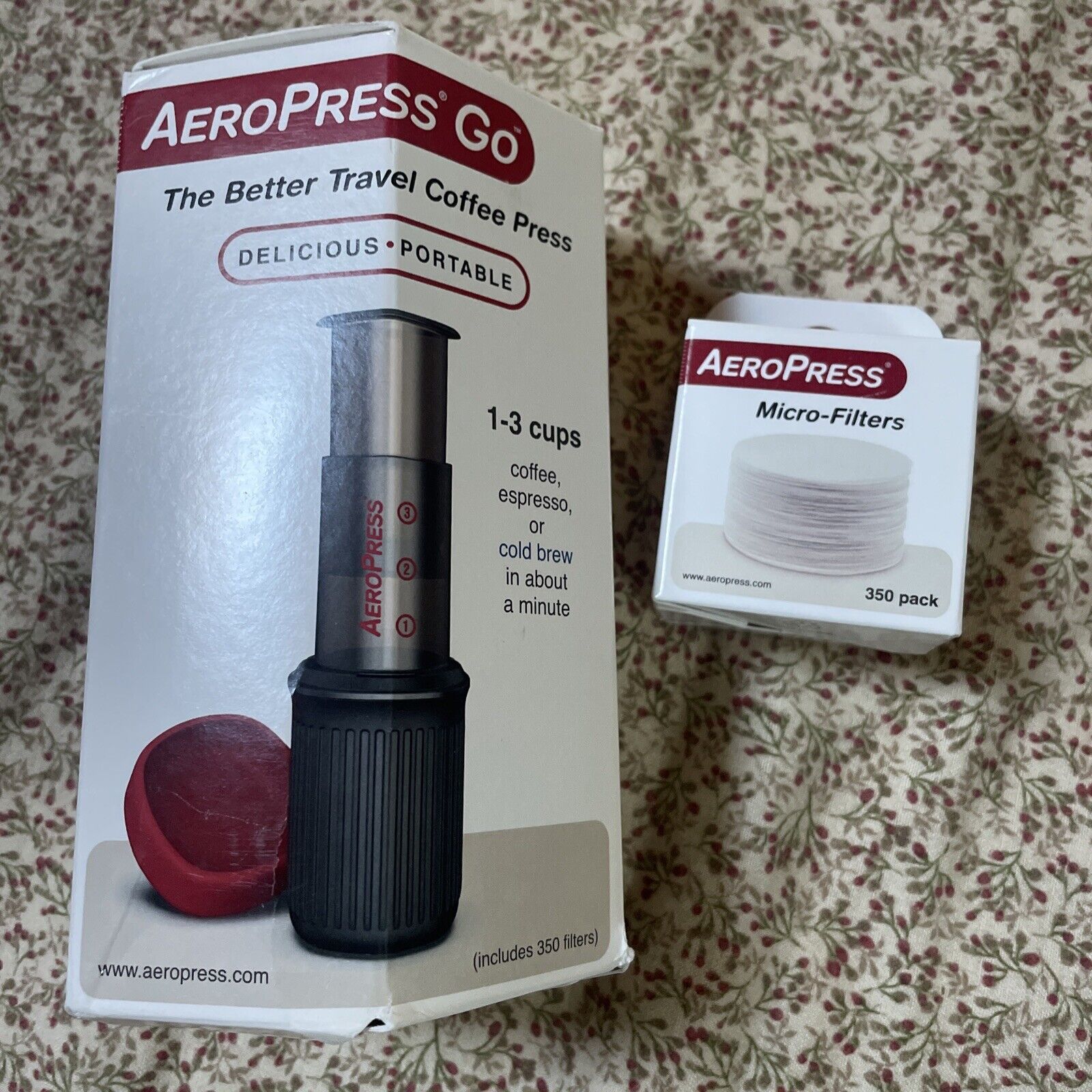 Aeropress Go Portable Travel Coffee Press Kit, 1-3 Cups in a Minute, Coffee, Espresso, & Cold Brew Maker, Manual Coffee Making Machine for Travel, Includes Mug & Lid