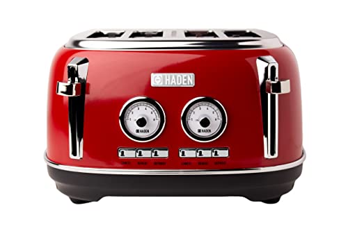Haden Jersey Red Toaster 4 Slice – Electric Stainless Steel Toaster - Reheat and Defrost Functions - Self Center Function – 1370-1630W, 220-240V, Retro Toaster