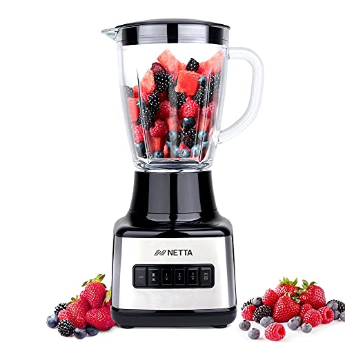 NETTA Table Blender - Smoothie Maker with Glass Jug - Electric Mixer and Liquidiser - 8 Speed Settings, 500W - Ideal for Milkshakes, Ice Crusher, Soup, Fruit Blender and Cocktail Maker