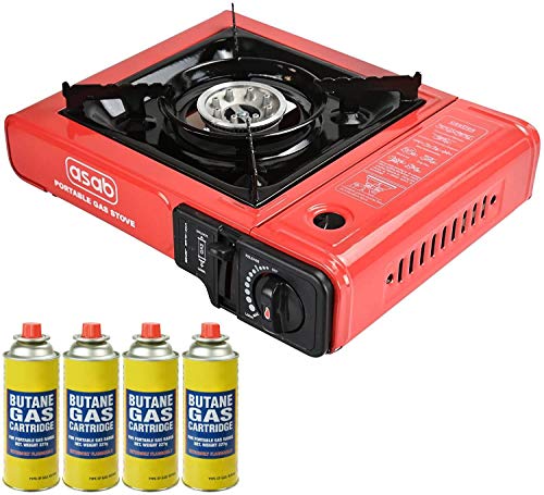 ASAB Portable Camping Gas Cooker Single Burner Stove Automatic Ignition System Enamel Pan Holder Butane BBQ Carry Bag Caravan Outdoor - Black Stove + 4 Canisters