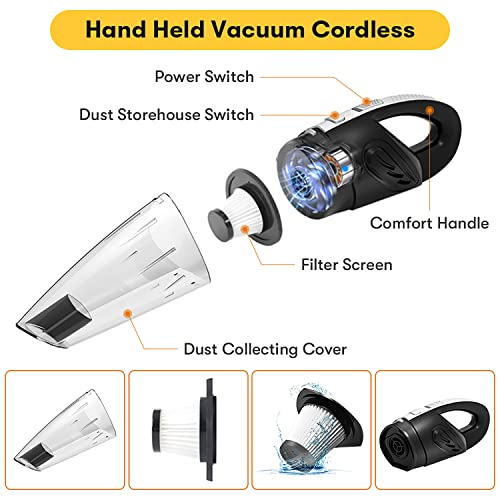 Lovcoyo Handheld Vacuum Cleaner, Rechargeable Portable Powerful Cordless Vacuum Cleaner, Hand Held Vacuuming Cordless for Car Cleaning, Pet Hair, Carpets, Beds, Keyboard