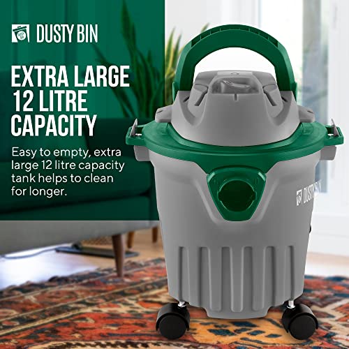Dusty Bin Wet and Dry Vacuum Cleaner, 3 in 1 Heavy Duty Vacuum Cleaner, Multi Surface Indoor, Workshops and Garage Vac with Blower, Wet Vacuum Cleaner collects Water and Liquid Spills, 1000w, 12L Tank
