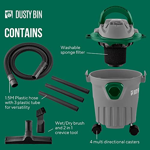 Dusty Bin Wet and Dry Vacuum Cleaner, 3 in 1 Heavy Duty Vacuum Cleaner, Multi Surface Indoor, Workshops and Garage Vac with Blower, Wet Vacuum Cleaner collects Water and Liquid Spills, 1000w, 12L Tank