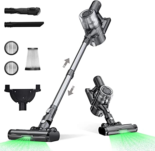 Proscenic P12 Cordless Vacuum Cleaner, 33Kpa Stick Vacuum Cleaner, Green LED Headlights, Anti-Hair-Tangle Brush, Powerful Cordless Hoover with Touch Display, 60min Runtime, Deep Clean for Pet Hair