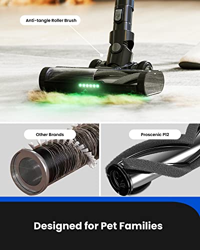 Proscenic P12 Cordless Vacuum Cleaner, 33Kpa Stick Vacuum Cleaner, Green LED Headlights, Anti-Hair-Tangle Brush, Powerful Cordless Hoover with Touch Display, 60min Runtime, Deep Clean for Pet Hair