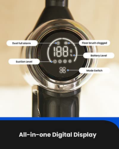 Proscenic P12 Cordless Vacuum Cleaner, 33Kpa Stick Vacuum Cleaner, Green LED Headlights, Anti-Hair-Tangle Brush, Powerful Cordless Hoover with Touch Display, 60min Runtime, Deep Clean for Pet Hair