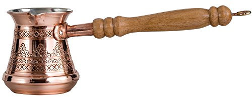 Thickest Premier Engraved Solid Copper Turkish Greek Arabic Coffee Pot Stovetop Coffee Maker Cezve Ibrik Briki with Wooden Handle, Thick 1,5 mm (Medium - 8 Oz)