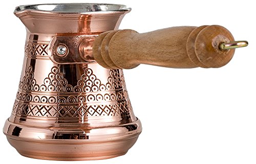 Thickest Premier Engraved Solid Copper Turkish Greek Arabic Coffee Pot Stovetop Coffee Maker Cezve Ibrik Briki with Wooden Handle, Thick 1,5 mm (Medium - 8 Oz)