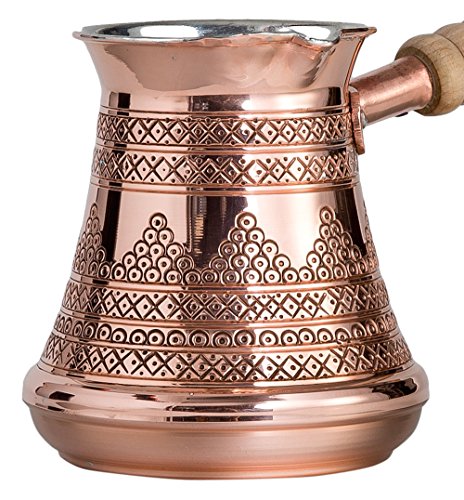 Thickest Premier Engraved Solid Copper Turkish Greek Arabic Coffee Pot Stovetop Coffee Maker Cezve Ibrik Briki with Wooden Handle, Thick 1,5 mm (Medium - 8 Oz)