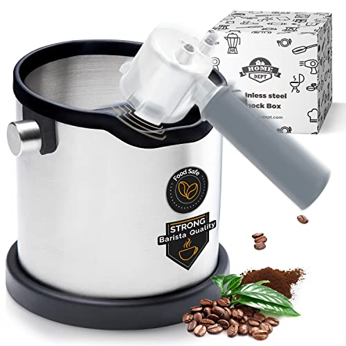 HOME DEPT Espresso knock box large and coffee grounds container. Stainless steel espresso machine accessories. Shock-absorbent knock bar with silicone cover for easy coffee ground disposal.