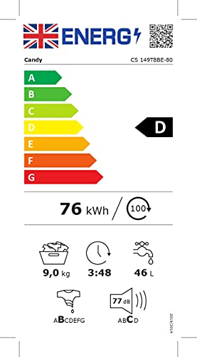 Candy Smart Pro CS149TBBE Freestanding Washing Machine, 9 kg Load, 1400 rpm, Black, Decibel rating: 61, EU Acoustic Class: A