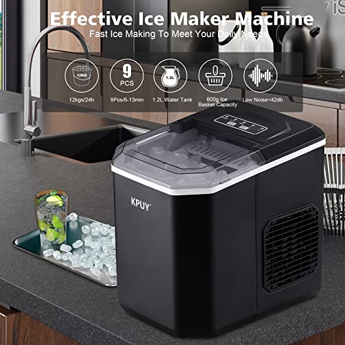 KPUY Ice Maker Machine Countertop Ice Machine for Home, Self-Cleaning Ice Maker, 9 Cubes Ready in 6-13 Mins, 12KGs in 24Hrs Portable Ice Cube Maker Machine for Home/Kitchen/Office/Bar